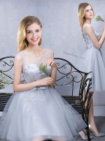 Scoop Grey Sleeveless Tulle Lace Up Vestidos de Damas for Prom and Party and Wedding Party