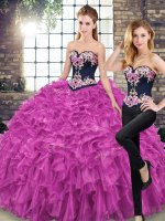 Sophisticated Lace Up Ball Gown Prom Dress Fuchsia for Military Ball and Sweet 16 and Quinceanera with Embroidery and Ruffles Sweep Train