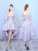 Glittering Lavender Tulle Lace Up Off The Shoulder Short Sleeves High Low Dama Dress Lace