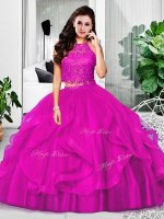 Fuchsia Halter Top Zipper Lace and Ruffles 15 Quinceanera Dress Sleeveless