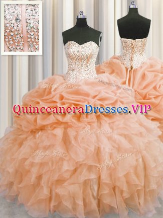 Hot Selling Visible Boning Orange Lace Up Sweet 16 Quinceanera Dress Beading and Ruffles Sleeveless Floor Length