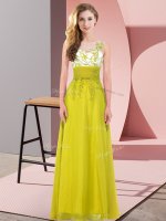 Modern Scoop Sleeveless Court Dresses for Sweet 16 Floor Length Appliques Olive Green Chiffon