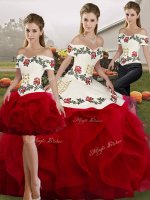 Vintage Floor Length White And Red Quinceanera Gowns Tulle Sleeveless Embroidery and Ruffles