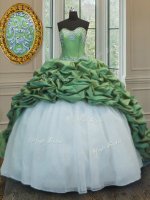 Green Ball Gowns Sweetheart Sleeveless Organza and Taffeta With Train Sweep Train Lace Up Beading and Appliques and Pick Ups 15 Quinceanera Dress(SKU PSSW0147-1BIZ)