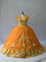 Fine Gold Vestidos de Quinceanera Sweet 16 and Quinceanera with Appliques Sweetheart Sleeveless Court Train Lace Up