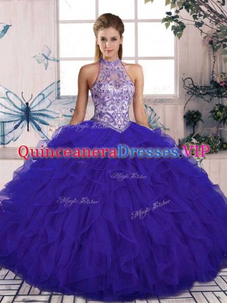 Popular Halter Top Sleeveless Tulle Quinceanera Dresses Beading and Ruffles Lace Up