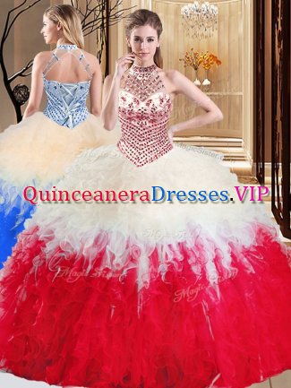 Halter Top Tulle Sleeveless Floor Length 15th Birthday Dress and Beading and Ruffles