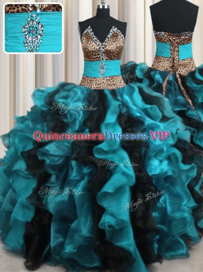 Leopard Two Tone V Neck Beading and Ruffles Quince Ball Gowns Multi-color Lace Up Sleeveless Floor Length - Click Image to Close