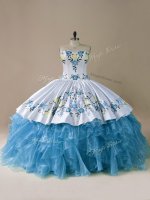 Chic Blue Ball Gowns Organza Sweetheart Sleeveless Embroidery and Ruffles Floor Length Lace Up Sweet 16 Quinceanera Dress
