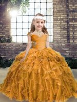 Perfect Gold Ball Gowns Beading and Ruffles Child Pageant Dress Lace Up Organza Sleeveless Floor Length
