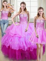 Glamorous Three Piece Floor Length Multi-color Quinceanera Dresses Organza Sleeveless Ruffles and Sequins
