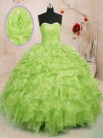 Yellow Green Sleeveless Beading and Ruffles and Hand Made Flower Floor Length Sweet 16 Quinceanera Dress