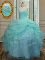 Aqua Blue Sweet 16 Quinceanera Dress Military Ball and Sweet 16 and Quinceanera with Embroidery and Pick Ups Strapless Sleeveless Lace Up