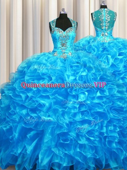 Adorable Zipper Up See Through Back With Train Ball Gowns Sleeveless Baby Blue 15th Birthday Dress Zipper - Click Image to Close