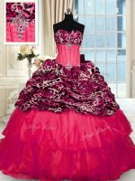 Printed Red Strapless Neckline Beading and Ruffled Layers Ball Gown Prom Dress Sleeveless Lace Up