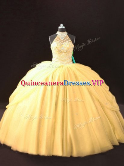 Modest Gold Quinceanera Gown Sweet 16 and Quinceanera with Beading and Pick Ups Halter Top Sleeveless Lace Up - Click Image to Close