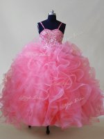 Beauteous Floor Length Pink Girls Pageant Dresses Spaghetti Straps Sleeveless Lace Up