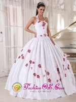 Fashionable Taffeta Embroidery White Quinceanera Dress Halter Top floor length Ball Gown In Wyandotte Michigan/MI(SKU PDZY568-HBIZ)