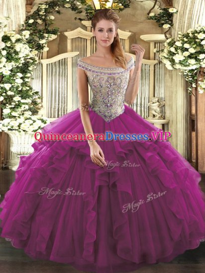 Fuchsia Organza Lace Up Off The Shoulder Sleeveless Floor Length Vestidos de Quinceanera Beading and Ruffles - Click Image to Close