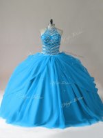 Cheap Baby Blue Ball Gowns Tulle Halter Top Sleeveless Beading Floor Length Lace Up Sweet 16 Quinceanera Dress