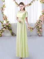 Attractive Floor Length Empire Short Sleeves Yellow Green Quinceanera Court of Honor Dress Zipper