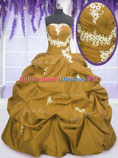 Modest Pick Ups Ball Gowns Quinceanera Dresses Brown Strapless Taffeta Sleeveless Floor Length Lace Up - Click Image to Close
