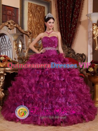 Brand New Strapless Dark Purple Quinceanera Dress For Toowoomba QLD Beaded Decorate Wasit Sweetheart Ruffled Organza Ball Gown