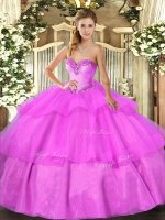 Sleeveless Tulle Floor Length Lace Up Sweet 16 Dresses in Lilac with Beading and Ruffled Layers