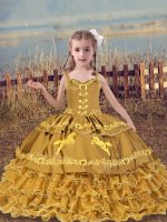 Dazzling Gold Straps Neckline Beading and Embroidery and Ruffled Layers Pageant Dress for Womens Sleeveless Lace Up