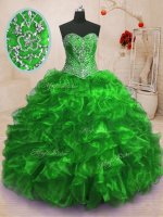 Exquisite Sleeveless Organza With Train Sweep Train Lace Up Quinceanera Gown in with Beading and Ruffles