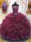 Beading and Ruffles Ball Gown Prom Dress Burgundy Lace Up Sleeveless Floor Length