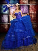 Chic Ruffled Royal Blue Sleeveless Organza Lace Up Sweet 16 Quinceanera Dress for Military Ball and Sweet 16 and Quinceanera