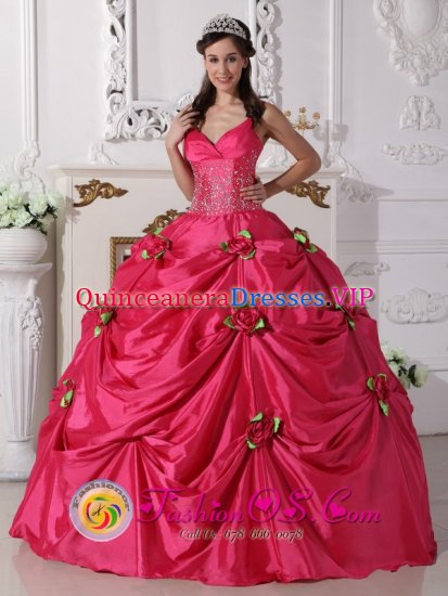 Hand Made Rose with Beading Spaghetti Straps Customize Hot Pink Quinceanera Gowns For Sweet 16 In Goulburn NSW - Click Image to Close