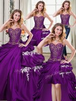 Four Piece Purple Ball Gowns Beading and Appliques and Pick Ups Quinceanera Gowns Lace Up Taffeta Sleeveless Floor Length