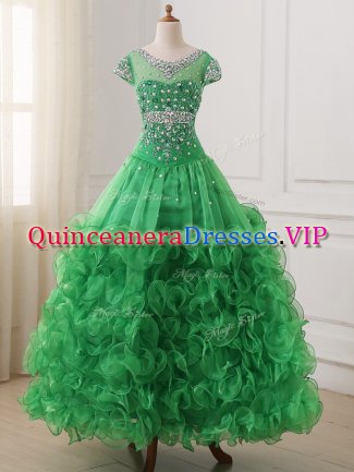 Elegant Beading and Ruffles Child Pageant Dress Green Lace Up Cap Sleeves Floor Length