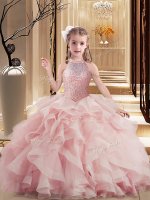 Pink Scoop Lace Up Beading and Ruffles Pageant Dress Wholesale Sleeveless