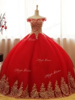 Sexy Floor Length Red Quinceanera Gowns Off The Shoulder Sleeveless Lace Up