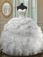Discount White Organza Lace Up Sweetheart Sleeveless Floor Length Quince Ball Gowns Beading and Ruffles and Pick Ups(SKU PSSW001-13BIZ)