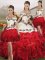 Floor Length White And Red Ball Gown Prom Dress Organza Sleeveless Embroidery and Ruffles