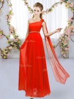 Fitting One Shoulder Sleeveless Lace Up Vestidos de Damas Red Chiffon