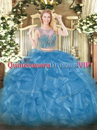 Baby Blue Two Pieces Beading and Ruffles Quince Ball Gowns Lace Up Organza Sleeveless Floor Length