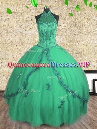 Graceful Halter Top Turquoise Sleeveless Tulle Lace Up Sweet 16 Dresses for Military Ball and Sweet 16 and Quinceanera