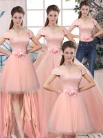 Pink 15 Quinceanera Dress Military Ball and Sweet 16 and Quinceanera with Lace and Hand Made Flower Off The Shoulder Short Sleeves Lace Up(SKU YSQD082CX004BIZ)