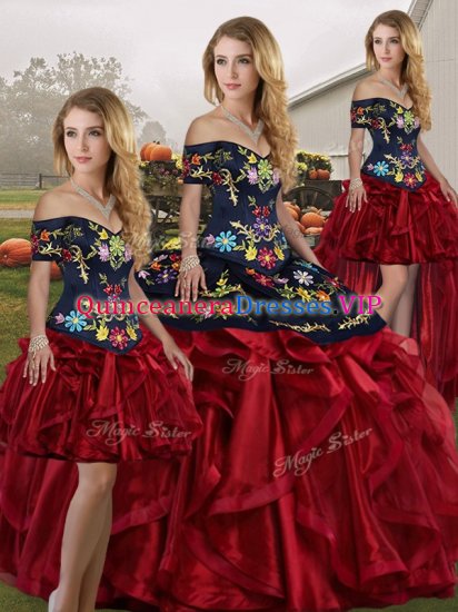 Exceptional Floor Length Lace Up Sweet 16 Quinceanera Dress Red And Black for Military Ball and Sweet 16 and Quinceanera with Embroidery and Ruffles - Click Image to Close