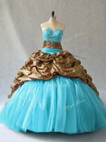 Stunning Lace Up 15 Quinceanera Dress Aqua Blue for Sweet 16 and Quinceanera with Beading and Pick Ups
