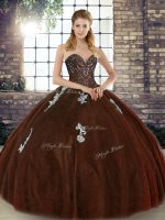Floor Length Lace Up Quinceanera Gowns Brown for Military Ball and Sweet 16 and Quinceanera with Beading and Appliques