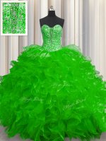 Great See Through Organza Lace Up Sweetheart Sleeveless Floor Length 15 Quinceanera Dress Beading and Ruffles