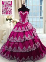 Delicate Sweetheart Sleeveless 15 Quinceanera Dress With Train Court Train Beading and Appliques and Embroidery and Ruffled Layers Fuchsia Taffeta