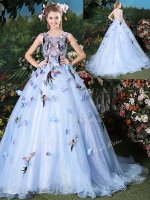 Scoop Sleeveless Brush Train Lace Up Ball Gown Prom Dress Light Blue Organza
