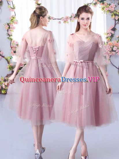 Fantastic Pink Tulle Lace Up Vestidos de Damas Sleeveless Tea Length Lace and Belt - Click Image to Close